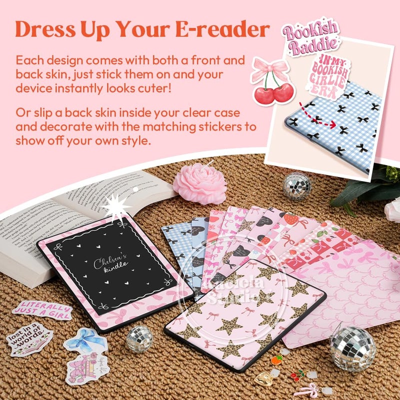 KACIOLA STUDIO 24PCS Pink Bow Skin for E-Reader, and 4PCS Type C Charms for E-Reader with Scrapbook Stickers, 7"x5" Skin Front and Back Decal Inserts for Paper White 12th (Pink Bow) - Image 2