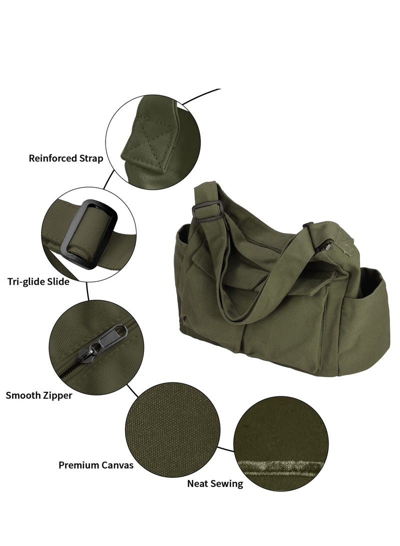 SYOSI SYOSI Canvas Shoulder Tote Bag with Multiple Pockets Large Hobo Crossbody Bag Simple Canvas Messenger Bag Crossbody Handbag Casual Canvas Tote Bag for Women and Men, Army Green - Image 3