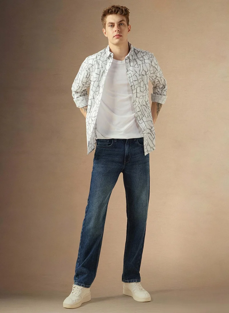 Dennis Lingo Men's Off White 100% Cotton Printed Shirt