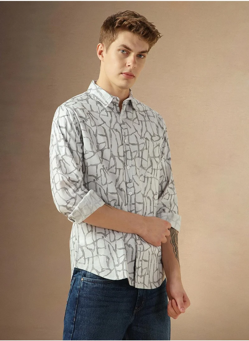 دينيس لينغو Men's Off White 100% Cotton Printed Shirt