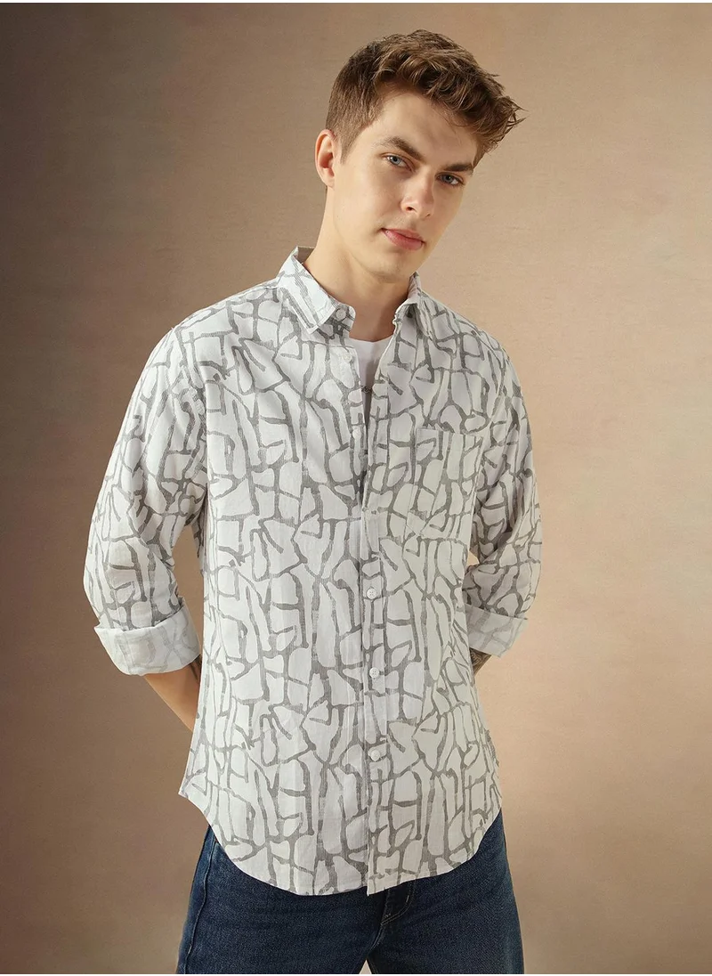 دينيس لينغو Men's Off White 100% Cotton Printed Shirt