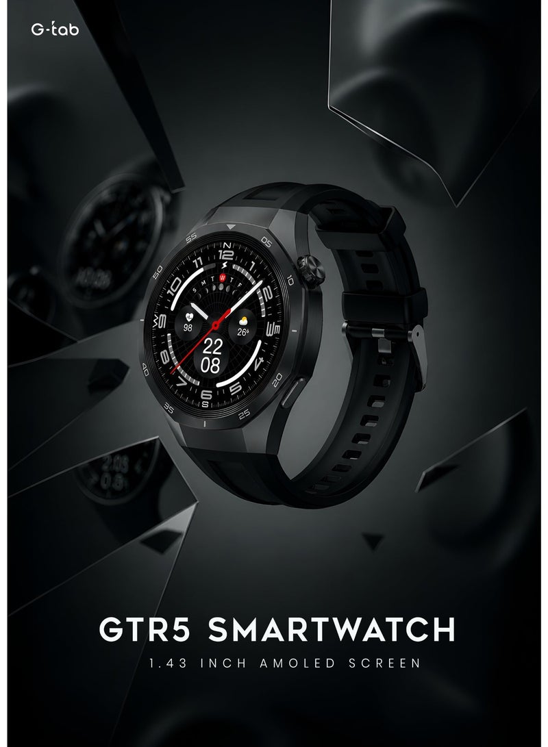 G-Tab GTR5 Smart Watch 1.43” AMOLED Display, Bluetooth Calling, Waterproof Fitness watch, 7-Day Battery ,24/7 Health Monitor (Heart Rate, SpO₂, Blood Pressure, Sleep), 23 Sports Modes, AI Voice Assistant, Smart Notifications, Smartwatch For Men Android & iOS - Image 3