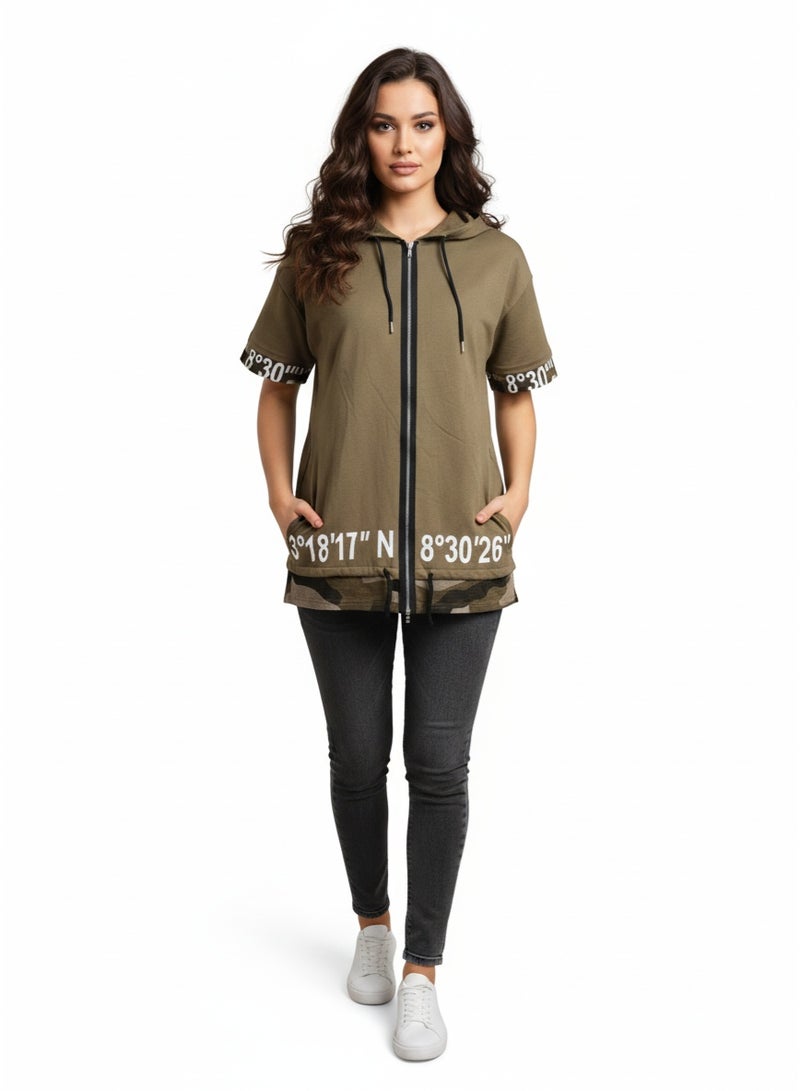 Women zipped hoodie olive jacket with camouflage parts