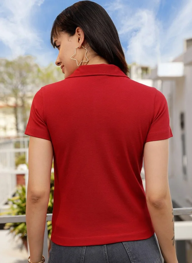 STREET 9 BASICS Red Polo Collar Cotton T-Shirt for Women