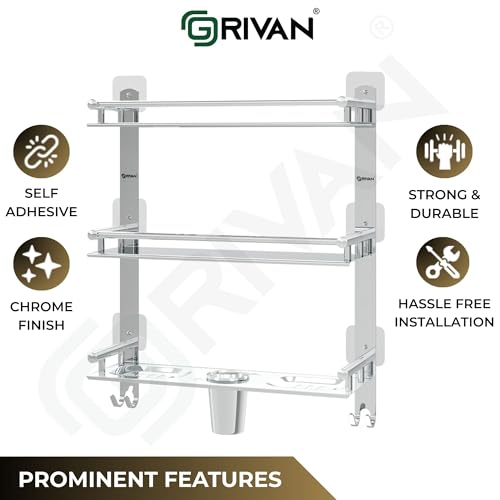 GRIVAN Magic Sticker Self Adhesive Anti Rust 3 Tier Multipurpose Bathroom Shelf Organizer with Double Soap Dish and Toothbrush Holder Stainless Steel Bathroom Accessories - Image 4
