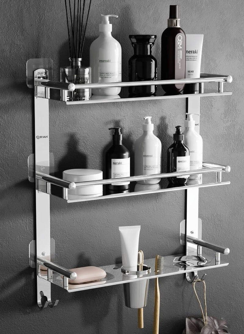 GRIVAN Magic Sticker Self Adhesive Anti Rust 3 Tier Multipurpose Bathroom Shelf Organizer with Double Soap Dish and Toothbrush Holder Stainless Steel Bathroom Accessories - Image 1