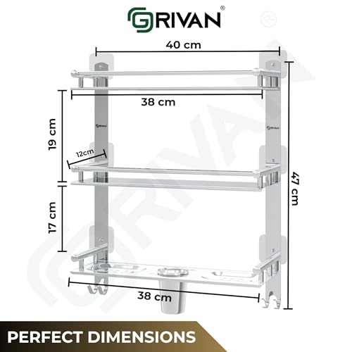 GRIVAN Magic Sticker Self Adhesive Anti Rust 3 Tier Multipurpose Bathroom Shelf Organizer with Double Soap Dish and Toothbrush Holder Stainless Steel Bathroom Accessories - Image 2