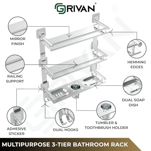 GRIVAN Magic Sticker Self Adhesive Anti Rust 3 Tier Multipurpose Bathroom Shelf Organizer with Double Soap Dish and Toothbrush Holder Stainless Steel Bathroom Accessories - Image 3
