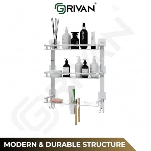 GRIVAN Magic Sticker Self Adhesive Anti Rust 3 Tier Multipurpose Bathroom Shelf Organizer with Double Soap Dish and Toothbrush Holder Stainless Steel Bathroom Accessories - Image 5