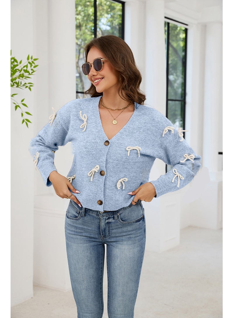 NIBEMINENT Women's Fall Winter Knit Cardigan Tops Stylish  Bow Button Down V Neck Long Sleeve Sweater Jacket Streetwear - Image 2