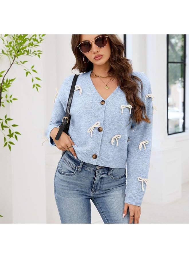 NIBEMINENT Women's Fall Winter Knit Cardigan Tops Stylish  Bow Button Down V Neck Long Sleeve Sweater Jacket Streetwear - Image 1