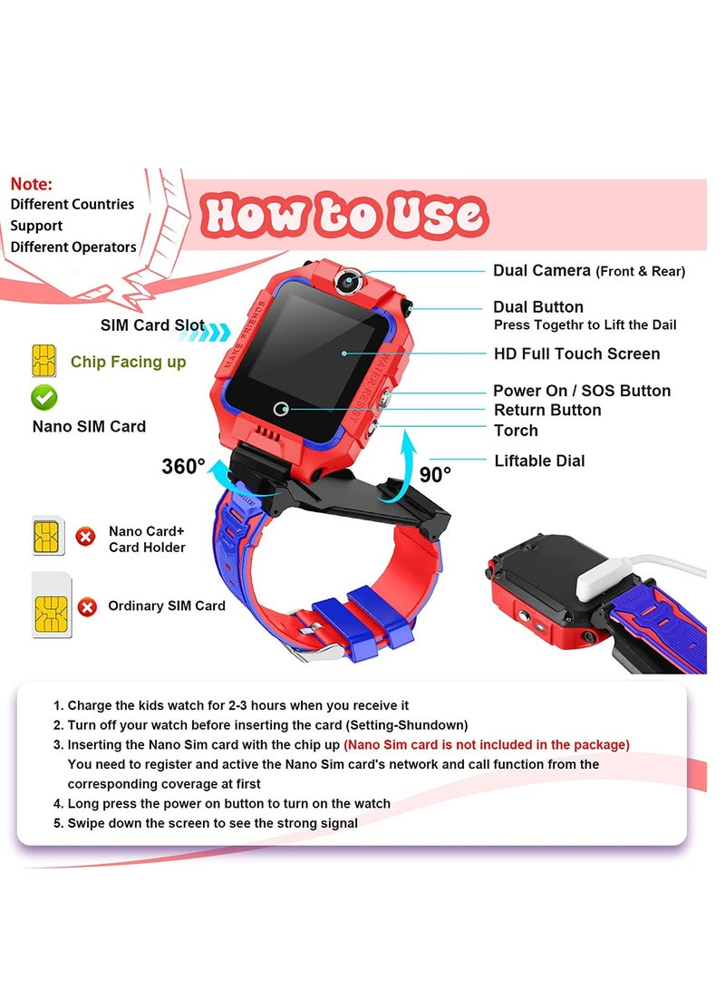 Smart Watch for Kids, 4G Liftable Waterproof Safe Smartwatch Phone with 360° Rotatable GPS Tracker Calling SOS Camera WiFi for Kids Children Students Ages 3-12 Birthday Gifts (Red) - Image 2