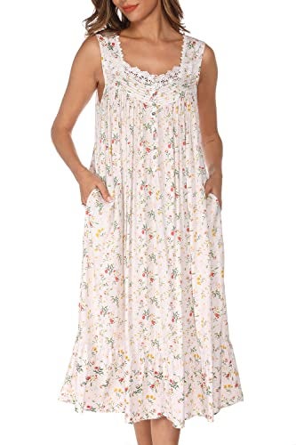 AVIIER Cotton Nightgowns for Women Sleeveless House Dress Ladies Long Nightdress with Pockets (White flowers, Large)… - Image 2