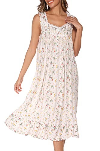 AVIIER Cotton Nightgowns for Women Sleeveless House Dress Ladies Long Nightdress with Pockets (White flowers, Large)… - Image 1