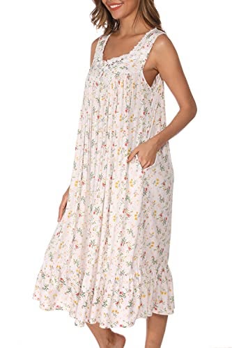 AVIIER Cotton Nightgowns for Women Sleeveless House Dress Ladies Long Nightdress with Pockets (White flowers, Large)… - Image 3