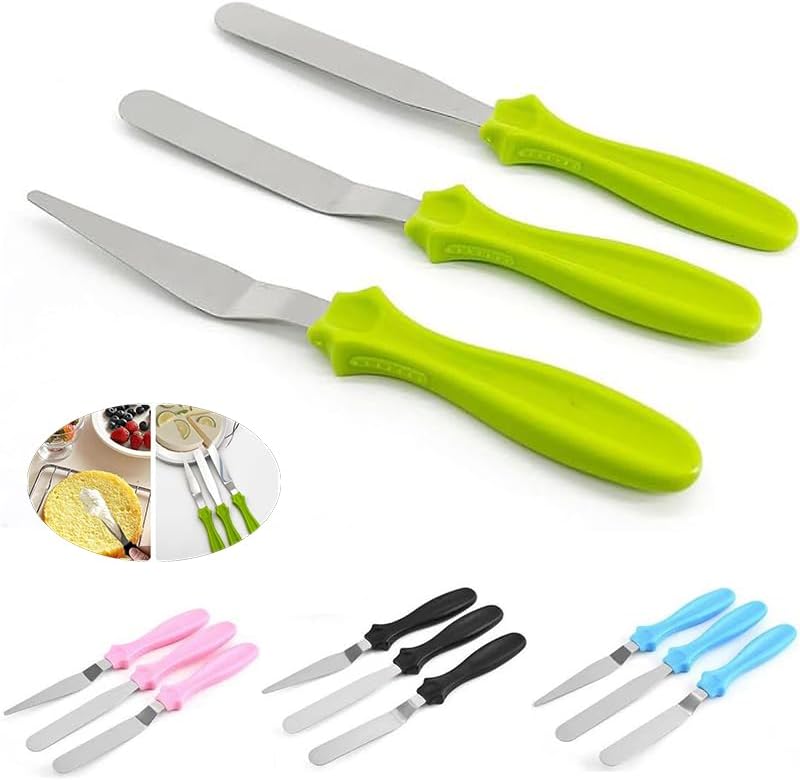 MDLJG Cake Cream Spatulas, 3 Pieces of Cake Angled Spatula with Stainless Steel, Professional Cake Decorating, Pastry & Baking, Icing Frosting Cream Chocolate Cake Spatula (3 Pcs Green) - Image 1