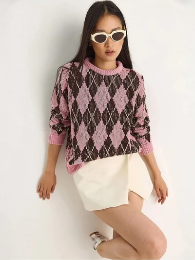 Bianco Lucci LUCCI Women’s Crew Neck Knitted Sweater with Diamond Pattern
