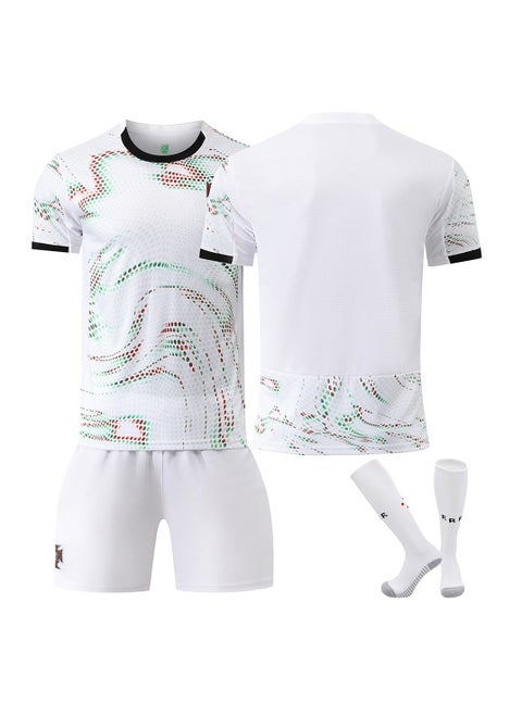 A new football jersey is made of fabric that is breathable, quick-drying, soft and has good elasticity, It consists of a 3-piece set of a top, trousers, socks , and is specially designed for football and sports enthusiasts
