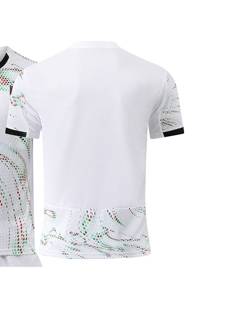 A new football jersey is made of fabric that is breathable, quick-drying, soft and has good elasticity, It consists of a 3-piece set of a top, trousers, socks , and is specially designed for football and sports enthusiasts