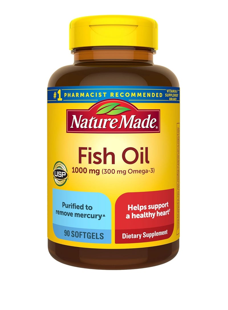 Nature Made Fish Oil 1000 mg Softgels, Fish Oil Supplements, Omega 3 Fish Oil for Healthy Heart Support, Omega 3 Supplement with 90 Softgels, 45 Day Supply - Image 1