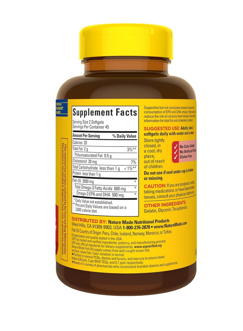 Nature Made Fish Oil 1000 mg Softgels, Fish Oil Supplements, Omega 3 Fish Oil for Healthy Heart Support, Omega 3 Supplement with 90 Softgels, 45 Day Supply - Image 3