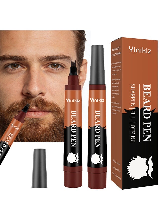 Yinikiz Beard Pen - 2 PCS Beard Pencil Filler for Men , 4-fork Tip Beard Styling Pen - Beard, Moustache & Eyebrows, Long Lasting Coverage Natural Finish, Waterproof Beard Pencil Kit for Father Male Gift #Brown - Image 1