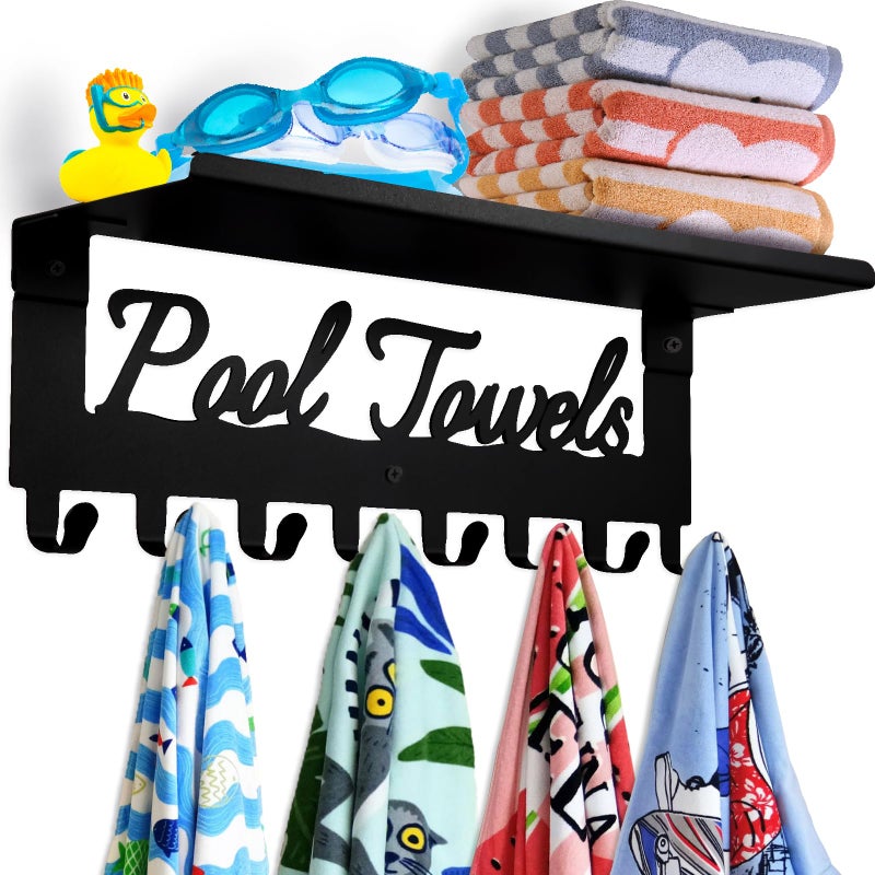 Pool Towel Racks with Shelf 8 Hooks for Pool Bathroom Wall Mount Towel Hooks Towel Holder Carbon Steel Hanger Organizer Pool Accessories Outdoor for RobeTowelCoatSwimsuitBagKeys