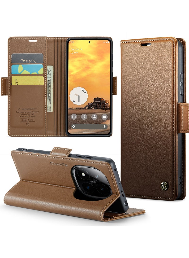 CaseMe Phone Case Luxury PU Leather Design Anti Fingerprint 023 Flip Cover Card Slot Holder Cover For Redmi Note 14 Pro 4G (Brown) - Image 2