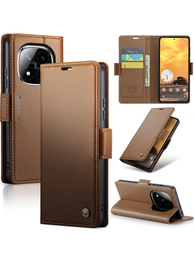 CaseMe Phone Case Luxury PU Leather Design Anti Fingerprint 023 Flip Cover Card Slot Holder Cover For Redmi Note 14 Pro 4G (Brown) - Image 1
