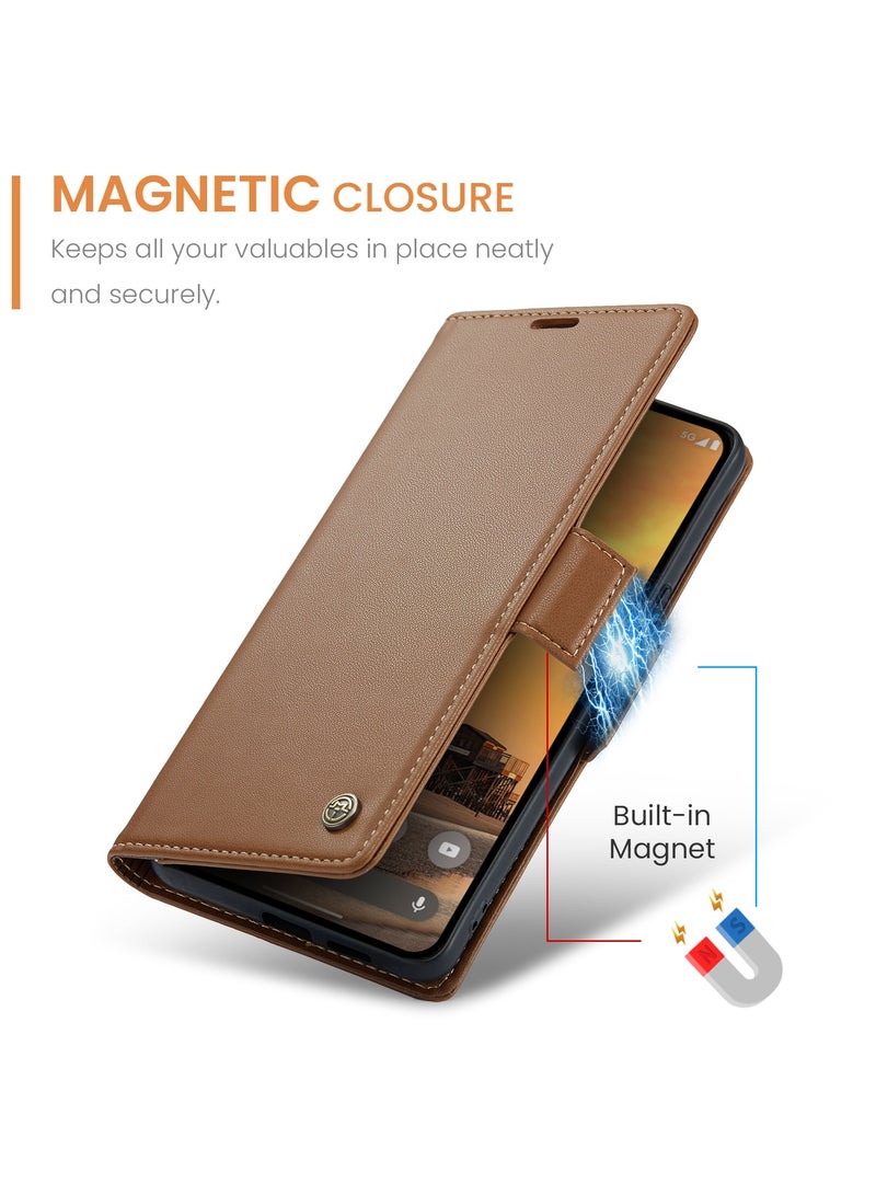 CaseMe Phone Case Luxury PU Leather Design Anti Fingerprint 023 Flip Cover Card Slot Holder Cover For Redmi Note 14 Pro 4G (Brown) - Image 3