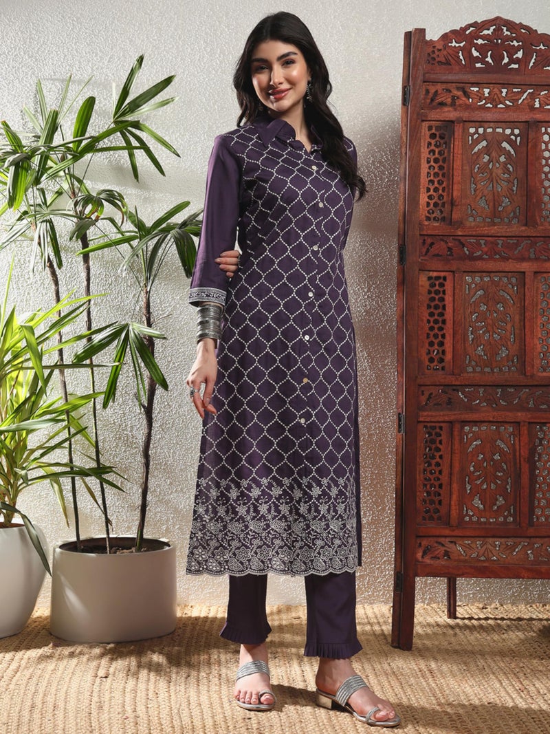 SHOPPING QUEEN Women's Viscose Checkered Kurta Set with Dupatta (A612_Deep Purple_XL) - Image 3