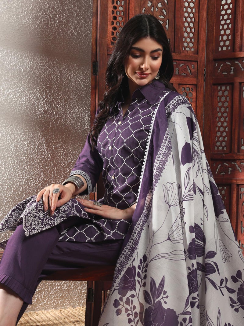 SHOPPING QUEEN Women's Viscose Checkered Kurta Set with Dupatta (A612_Deep Purple_XL) - Image 4