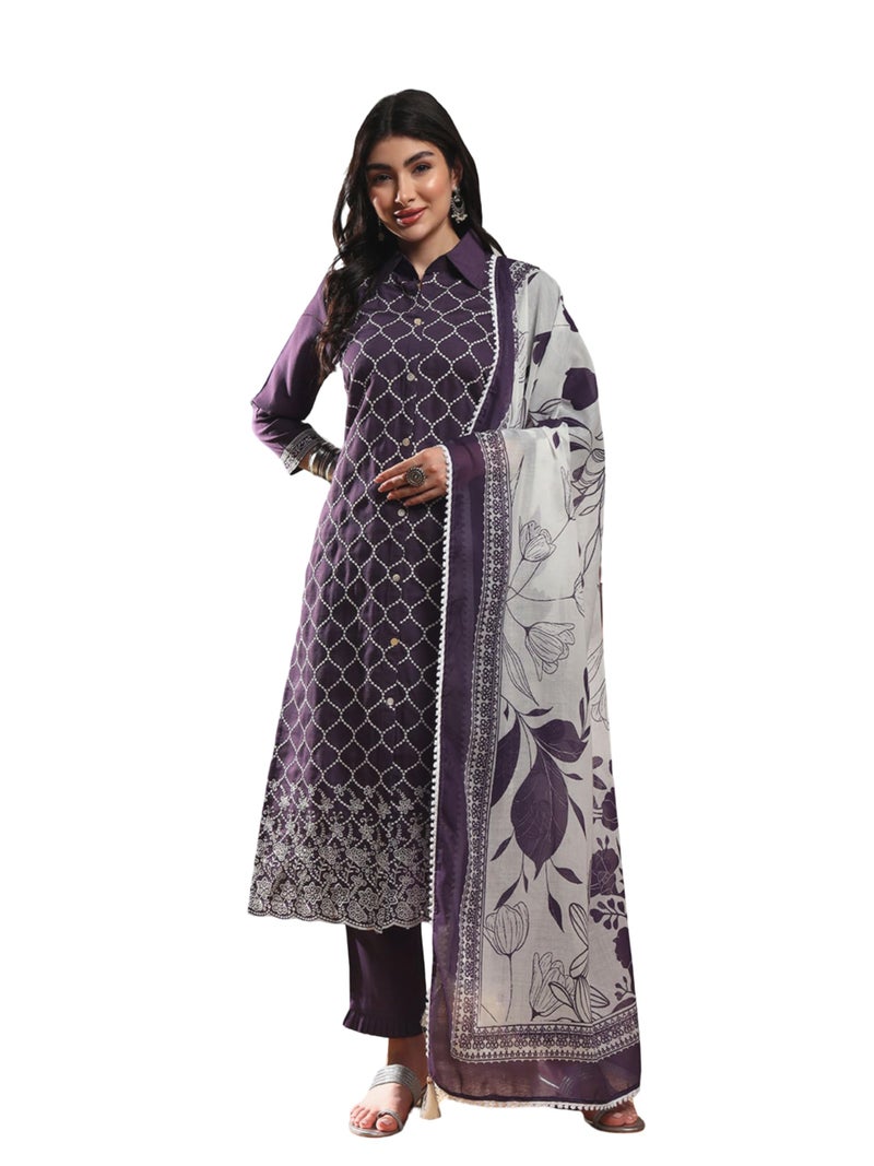 SHOPPING QUEEN Women's Viscose Checkered Kurta Set with Dupatta (A612_Deep Purple_XL) - Image 1
