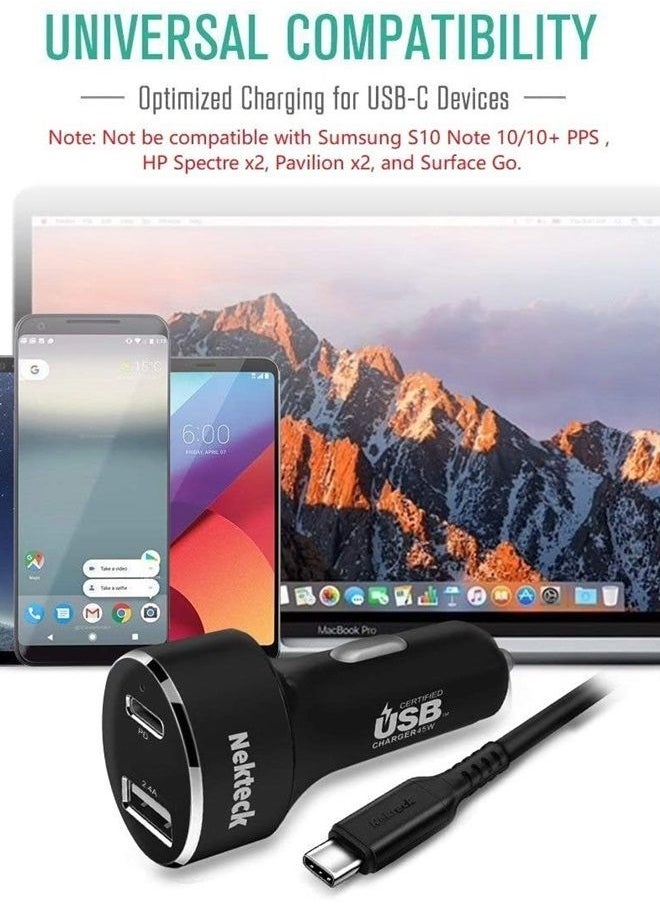 Nekteck - Type C Car Charger, Nekteck USB Adapter with 45W Power Delivery and 12W A Port Compatible with iPhone, iPad, MacBook, Galaxy, Google Pixel, 3.3ft Cable Included, NOT Ideal for Note10+PPS - Image 1
