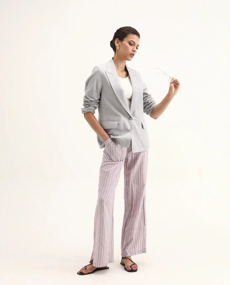 ريريزم Women's Boxy Fit Grey 100% Linen Blazer