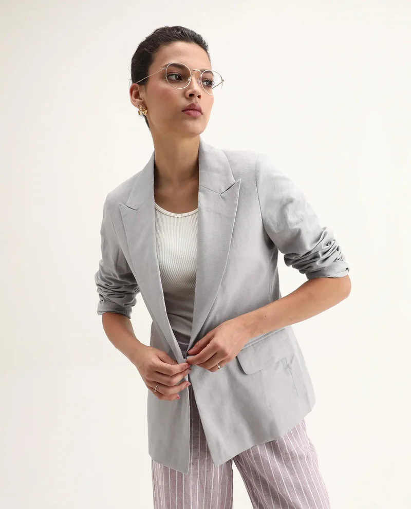 ريريزم Women's Boxy Fit Grey 100% Linen Blazer