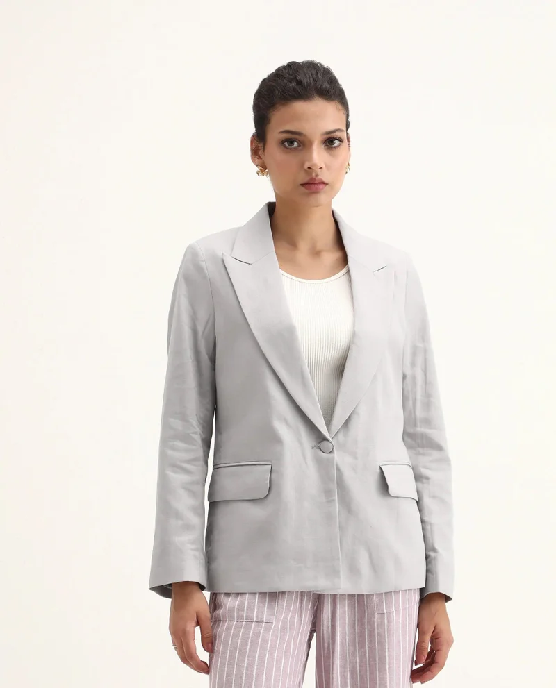 Rareism Women's Boxy Fit Grey 100% Linen Blazer
