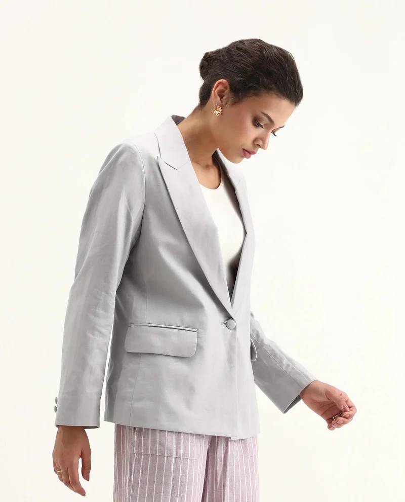 Rareism Women's Boxy Fit Grey 100% Linen Blazer