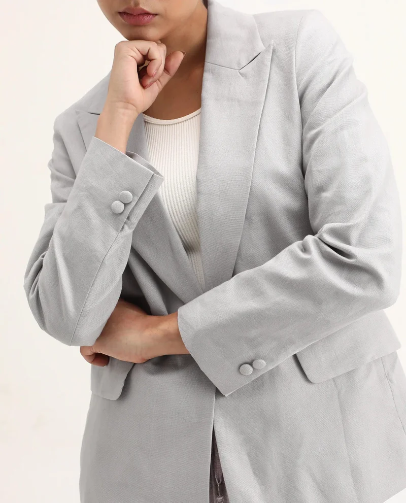 Rareism Women's Boxy Fit Grey 100% Linen Blazer