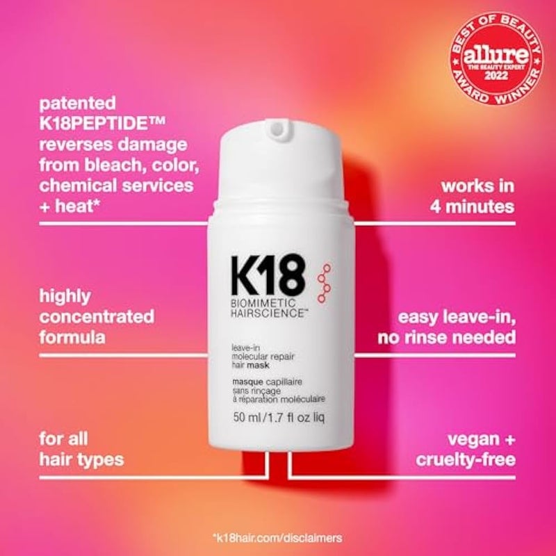 K18 Leave-In Molecular Hair Mask, Repairs Dry or Damaged Hair, Reverse Hair Damage from Bleach, Colour, Chemical Services & Heat, 50ml - Image 3