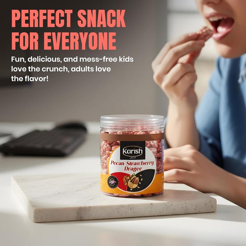 Karish Pecan Dragee Strawberry 180g Jar – Crunchy Nut Snack Coated in Strawberry Flavored Chocolate, Perfect for Gifting & Sharing - Image 4