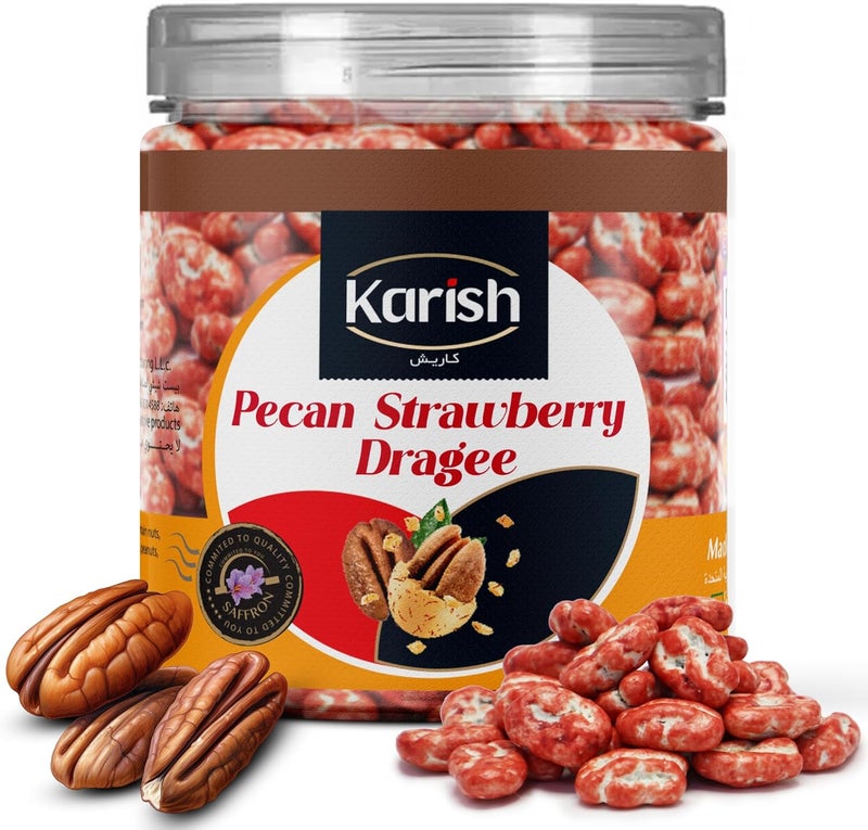 Karish Pecan Dragee Strawberry 180g Jar – Crunchy Nut Snack Coated in Strawberry Flavored Chocolate, Perfect for Gifting & Sharing - Image 1