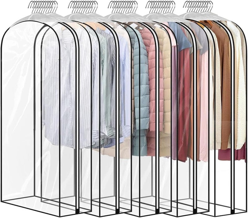 JUMBO FILTER 5 Pack 60" All Clear Garment Bags for Hanging Clothes Storage, 10" Gusseted Large Capacity Garment Rack Cover, Large Hanging Clothing Bag for Dress Gowns, Coats, Suit, Down Jacket - Image 1