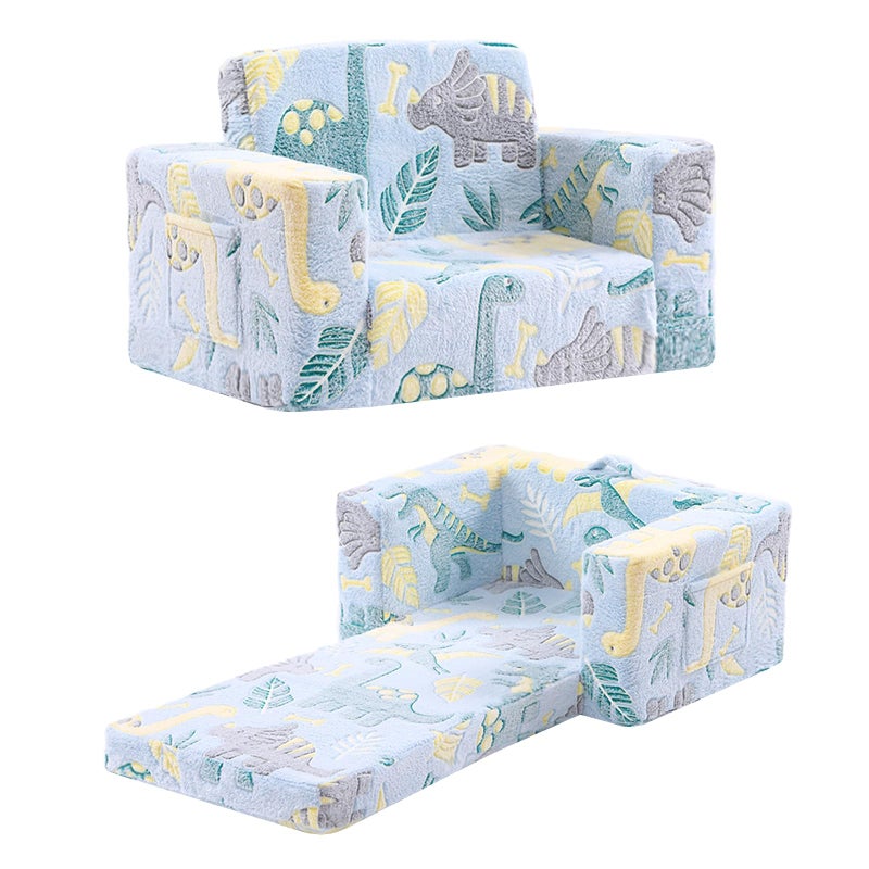 Givjoy Toddler Chair Kids Couch 2in1 Toddler Soft Sherpa Couch Fold Out Armchair Glow in The Dark with Removable Cover Convertible Reading Chair Sofa for Kids Plush Green Dinosaur