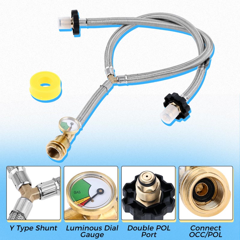 ETERMETA Dual Propane Tank Connection Kit - Two Way POL & QCC Y Splitter Hose, Braided Stainless Steel Propane Hose with Splitter to Connect 5-100lbs Cylinder Tank - Image 3