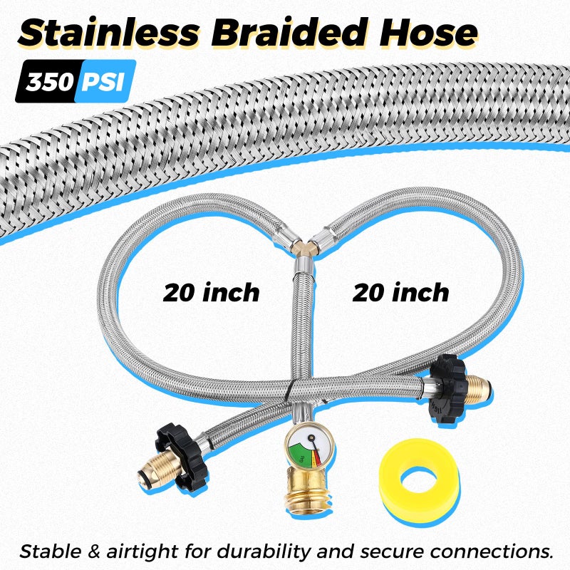 ETERMETA Dual Propane Tank Connection Kit - Two Way POL & QCC Y Splitter Hose, Braided Stainless Steel Propane Hose with Splitter to Connect 5-100lbs Cylinder Tank - Image 5