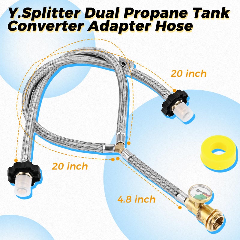 ETERMETA Dual Propane Tank Connection Kit - Two Way POL & QCC Y Splitter Hose, Braided Stainless Steel Propane Hose with Splitter to Connect 5-100lbs Cylinder Tank - Image 2