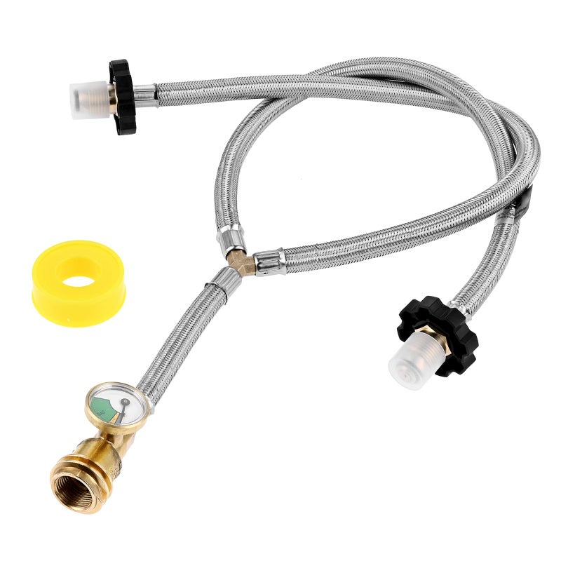 ETERMETA Dual Propane Tank Connection Kit - Two Way POL & QCC Y Splitter Hose, Braided Stainless Steel Propane Hose with Splitter to Connect 5-100lbs Cylinder Tank - Image 1