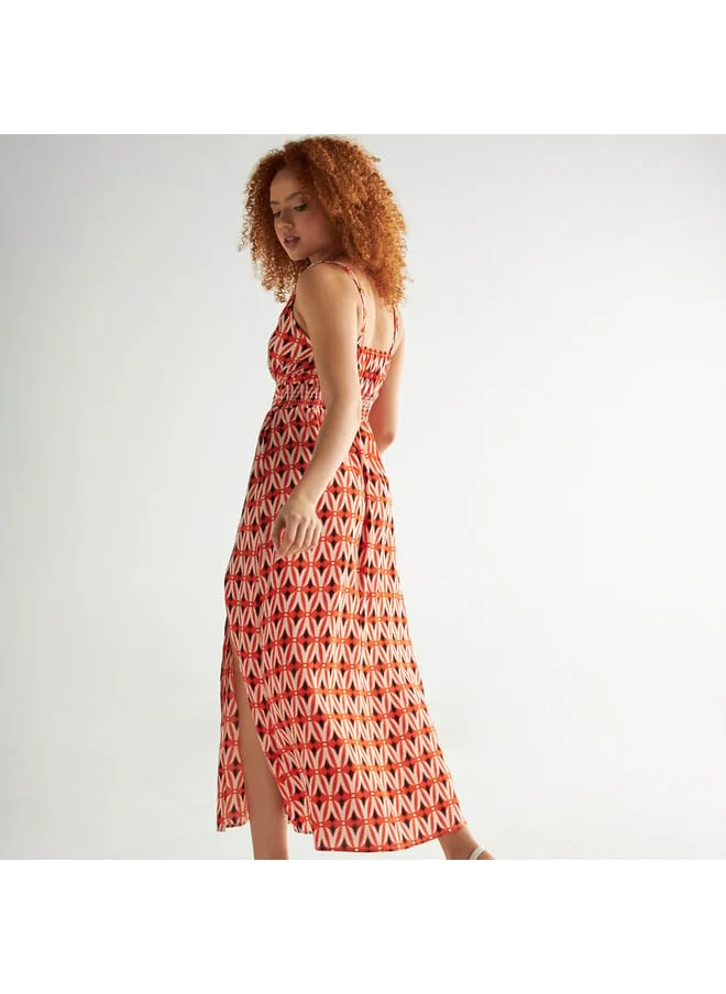 Splash FAV All-Over Print V-neck Maxi Dress with Slit Detail