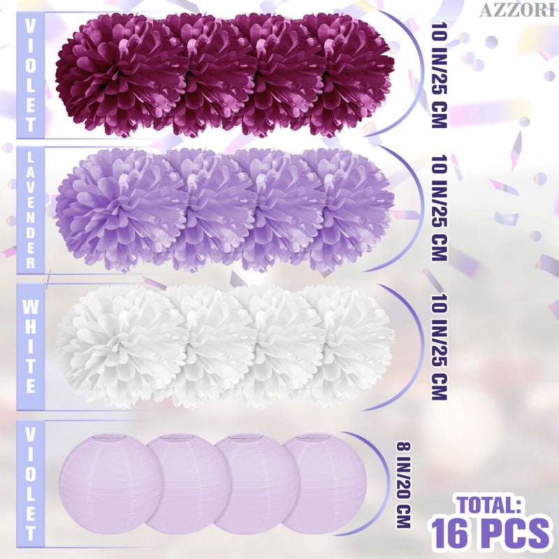 AZZORI 16Pcs Tissue Paper Flowers - White Paper Flowers Purple Tissue Paper Flowers Decorations for Wall Lavender Tissue Paper Flowers for Decoration - Lantern Tissue Paper Balls for Wedding Decorations - Image 2